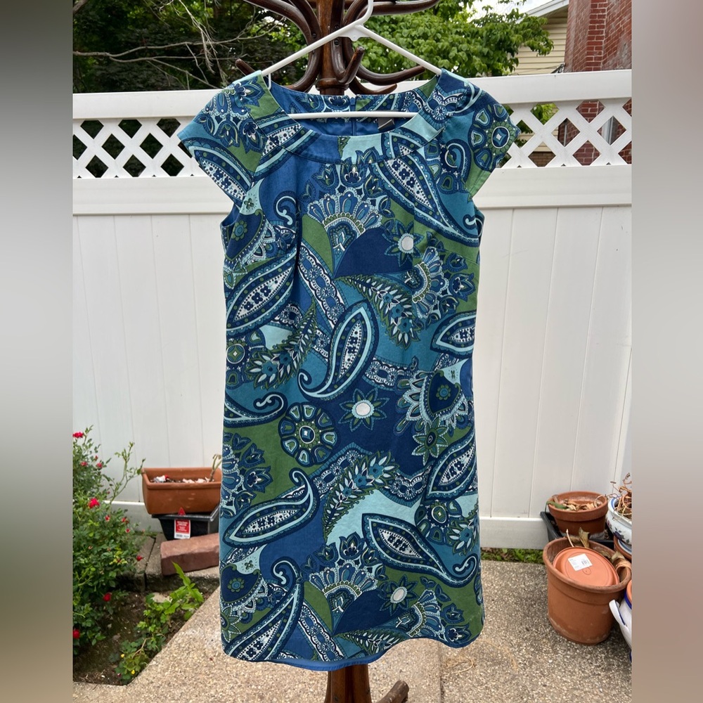 Ann Taylor Blue and Green Paisley Cap-Sleeve Mini Dress